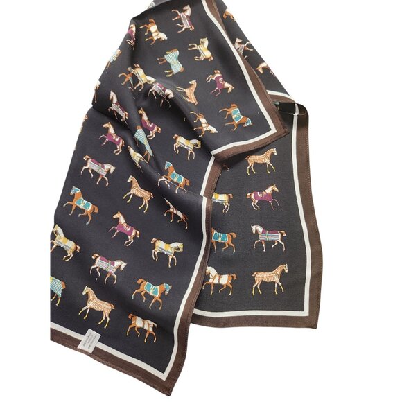 Luxury Black 100% Silk Equestrian Horse Print Scarf With Brown Border Decorative - Picture 8 of 12